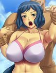  1girl ameoto aqua_eyes bikini blue_hair blue_sky blush breasts cleavage cloud collarbone day faceless faceless_male front-tie_top gundam gundam_build_fighters huge_breasts iori_rinko long_hair navel open_mouth ponytail restrained sky solo_focus swimsuit very_long_hair wrist_grab 