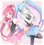  aino_megumi bad_id bad_pixiv_id black_legwear blue_eyes blue_hair bow crown cure_lovely cure_princess happinesscharge_precure! heart long_hair looking_at_viewer magical_girl mei_(maysroom) multiple_girls one_eye_closed open_mouth pink_bow pink_eyes pink_hair ponytail precure shirayuki_hime skirt thighhighs twintails wide_ponytail 