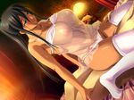  aqua_eyes bare_shoulders black_hair bottomless breasts collarbone dark_skin demonion female game_cg julian_balcraft large_breasts lingerie long_hair nipples open_mouth panties_aside ponytail see-through sex sweat thighhighs underwear white_legwear 