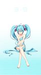  39 ahoge aqua_eyes aqua_hair barefoot crossed_legs full_body hair_censor hatsune_miku head_tilt headset highres long_hair looking_at_viewer nail_polish nude number sitting smile solo striped striped_background twintails very_long_hair vocaloid yuuzii 