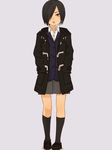  black_hair hands_in_pockets jacket kiiroi_tamago looking_at_viewer short_hair simple_background skirt solo 