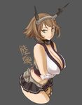  breasts brown_eyes chain cleavage covered_nipples cropped_legs crossed_arms gloves grey_background highres huge_breasts kantai_collection looking_at_viewer miniskirt mutsu_(kantai_collection) shoumaru_(gadget_box) simple_background skirt smile solo thighs translated 