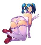  1girl all_fours alternate_hairstyle ass bad_id bad_pixiv_id blue_hair breasts cameltoe coon cosplay elbow_gloves from_behind full_body gloves green_eyes gundam gundam_build_fighters hair_ornament hanging_breasts high_heels highres iori_rinko kirara_(gundam_bf) kirara_(gundam_bf)_(cosplay) large_breasts looking_back mature_female miniskirt open_mouth panties photoshop_(medium) purple_panties purple_thighhighs shoes simple_background skirt solo thighhighs twintails underwear v white_background 