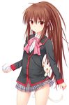  banned_artist baseball bow brown_hair cat hair_ornament highres lennon little_busters! long_hair n.g. natsume_rin open_mouth pink_bow plaid plaid_skirt ponytail red_eyes ribbon school_uniform skirt solo 