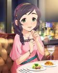  artist_request asymmetrical_hair black_hair croissant cup drinking_glass flower food green_eyes hair_ornament idolmaster idolmaster_cinderella_girls indoors jewelry long_hair necklace night official_art plate ring solo wine_glass yao_feifei 