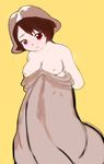  1girl blush breasts brown_eyes brown_hair cosplay female kagami_rich nipples penis short_hair solo what yellow_background 