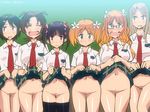  6+girls black_hair black_legwear blonde_hair blush bottomless brown_hair censored eyes_closed flower glasses green_hair hair_flower hair_ornament hairclip iizuka_yuzu ikeno_kaede lineup long_hair minami_shizuku mosaiq_(lovechild) multiple_girls navel necktie no_panties noda_kotone sakura_trick siblings sisters skirt skirt_lift sonoda_mitsuki sonoda_yuu take_your_pick thighhighs twintails 