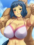  1girl ameoto aqua_eyes bikini blue_hair blue_sky blush breasts cleavage clenched_teeth cloud collarbone day faceless faceless_male front-tie_top gundam gundam_build_fighters huge_breasts iori_rinko long_hair navel open_mouth ponytail restrained sky solo_focus swimsuit teeth very_long_hair wrist_grab 