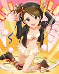  artist_request asymmetrical_clothes bikini boots brown_eyes brown_hair futami_ami hat idolmaster idolmaster_(classic) idolmaster_cinderella_girls jacket jpeg_artifacts kneehighs leather leather_jacket midriff official_art ribbon short_hair solo star streamers striped striped_legwear swimsuit thighhighs v 