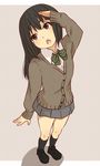  black_hair bow cardigan hand_on_forehead kiiroi_tamago long_hair open_mouth simple_background skirt solo 