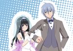  1boy 1girl akatsuki_kojo black_hair blue_eyes blush bow bow_tie bowtie dress formal gloves long_hair minamiya_natsuki silver_hair size_difference strike_the_blood suit tiara tuxedo veil wedding_dress 