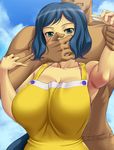  1girl ameoto apron aqua_eyes bikini blue_hair blue_sky blush breasts cleavage cloud collarbone covering_mouth day faceless faceless_male gagged gundam gundam_build_fighters hand_gagged hand_over_another's_mouth huge_breasts iori_rinko long_hair open_mouth ponytail restrained sky solo_focus swimsuit very_long_hair wrist_grab 