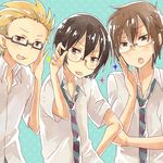  bespectacled black_eyes black_hair blonde_hair brown_hair danshi_koukousei_no_nichijou glasses male_focus miso_(mimimiso) multiple_boys necktie school_uniform smile striped striped_neckwear tabata_hidenori tadakuni tanaka_yoshitake tongue 