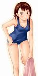  arios_(orochi_yuta) blush brown_eyes brown_hair highres nisekoi one-piece_swimsuit onodera_kosaki school_swimsuit short_hair solo standing standing_on_one_leg swimsuit 