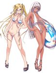  :p bikini blonde_hair blue_eyes breasts covered_nipples dark_skin front-tie_top glasses hairband highres innertube large_breasts long_hair looking_at_viewer medium_breasts multiple_girls nenchi one-piece_swimsuit original purple_eyes sandals side-tie_bikini silver_hair skindentation slingshot_swimsuit smile striped striped_bikini swimsuit tongue tongue_out tsurime twintails white_bikini white_swimsuit 