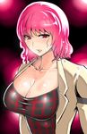  breasts cleavage collarbone horikawa_raiko ikami_(rockhardridefree) impossible_clothes impossible_shirt jacket large_breasts lips pink_hair red_eyes red_hair shirt short_hair solo sweat touhou 