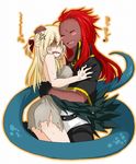  1girl anger_vein bajiru_(reizoku_ichiba) basilisk black_gloves blonde_hair blush_stickers capelet dark_skin dark_skinned_male gloves hand_on_another's_head hug interracial long_hair misutoretto_(reizoku_ichiba) monster_boy petting red_hair reizoku_ichiba single_glove slave suzuhiko torn_clothes 