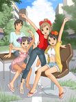  3girls :d arm_support arm_up bangs bare_legs barefoot black_hair blue_shirt bow brown_eyes brown_hair building capri_pants chair character_request chikyuu_no_houkago cloud crop_top day denim denim_shorts desk double_v dress feet flip-flops flower glasses grass hair_flower hair_ornament jacket looking_at_viewer midriff multiple_girls no_socks office_chair on_desk open_clothes open_jacket open_mouth outdoors outstretched_arm overgrown pants pink_dress plant ponytail red_shirt road sandals school_desk scrunchie shirt shoes short_dress short_shorts short_twintails shorts single_sandal single_shoe sitting sleeveless sleeveless_dress smile street sunlight t-shirt twintails v yellow_jacket yoshitomi_akihito 