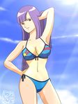  adjusting_hair bad_id bad_pixiv_id bikini breasts cleavage gundam gundam_zz kappa_ya large_breasts long_hair midriff purple_eyes purple_hair roux_louka side-tie_bikini smile solo swimsuit 