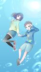  1girl blue_eyes blue_hair brown_hair hiradaira_chisaki hood hoodie long_hair miyama_rikka nagi_no_asukara sakishima_hikari short_hair thighhighs underwater 