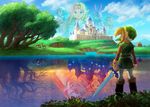 animal blonde_hair boots castle character_request day deer different_reflection hat highres impa knee_boots lake link master_sword official_art pointy_ears princess_hilda princess_zelda ravio reflection seres solo_focus the_legend_of_zelda the_legend_of_zelda:_a_link_between_worlds tree tunic water yuga_(zelda) 