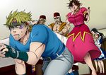  4boys battle_tendency bottle caesar_anthonio_zeppeli crawling crossdressing dress drooling izumiya_mao jojo_no_kimyou_na_bouken joseph_joestar_(young) lipstick lisa_lisa loggins_(jojo) makeup messina_(jojo) multiple_boys multiple_girls shaded_face suzi_q tequila 