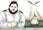  1girl admiral_(kantai_collection) animal_ears ass beard bench black_eyes black_hair blonde_hair bunny_ears butt_crack buttons commentary_request crop_top downpants elbow_gloves facial_hair facing_away fake_animal_ears fat fat_man from_behind gloves grand_prix_richmond_crackstyle_(meme) hands_together hat highleg highleg_panties jacket kantai_collection long_hair long_sleeves looking_at_viewer magic:_the_gathering meme microskirt military military_uniform mini_hat mono_(moiky) own_hands_together panties parody pleated_skirt real_life serious shimakaze_(kantai_collection) shirt simple_background sitting skirt sleeveless sleeveless_shirt striped striped_legwear table thighhighs thong underwear uniform whale_tail white_background white_jacket 