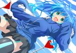  absurdres aqua_eyes black_legwear blue_hair dutch_angle ene_(kagerou_project) headphones highres jacket kagerou_project long_hair looking_at_viewer open_mouth skirt sleeves_past_wrists solo thighhighs track_jacket twintails watarui 