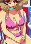  1boy 1girl bikini blush body_writing breasts brown_eyes brown_hair choker cirima cleavage collar hands_on_lap harukaze_haruka jewelry large_breasts looking_down necklace ojamajo_doremi pink_bikini ring short_hair sitting solo_focus swimsuit volvox wedding_ring 