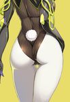  ass ass_focus breasts bunny_tail cameltoe close-up highres large_breasts leotard ookuma_(nitroplus) pantyhose shinmai_maou_no_testament simple_background solo tail white_legwear yellow_background zest 