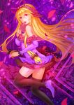  alternate_costume bare_shoulders black_legwear blonde_hair bow detached_sleeves dress flower hair_bow hair_ribbon holding long_hair looking_at_viewer purple_eyes ribbon smile solo strapless strapless_dress thighhighs touhou very_long_hair vetina yakumo_yukari 