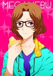  bad_id bad_pixiv_id brown-framed_eyewear brown_hair copyright_name eating food food_on_face glasses hachimine_takuma highres male_focus meganebu! purple_eyes solo 