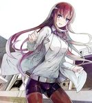  belt brown_hair highres labcoat legwear_under_shorts long_hair looking_at_viewer makise_kurisu mizuta_kenji necktie open_mouth pantyhose purple_eyes shorts solo steins;gate 