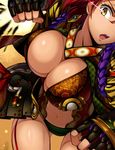  bad_id bad_pixiv_id breasts cleavage decchi_oyabun earrings fingerless_gloves gloves japanese_clothes jewelry large_breasts navel open_mouth original punching red_hair solo 