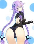  1girl ass bent_over blue_eyes blush bodysuit braid breasts choujigen_game_neptune compile_heart from_behind gloves hair_ornament hair_tubes idea_factory leaning leaning_forward long_hair looking_back mikan_no_shiru neptune_(choujigen_game_neptune) neptune_(series) purple_hair purple_heart sideboob solo symbol-shaped_pupils twin_braids very_long_hair 