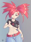  abs asuna_(pokemon) bangs belt blush breasts contrapposto denim gym_leader hair_over_one_eye impossible_hair jeans large_breasts lips long_hair midriff muscle muscular_female navel no_bra no_panties pants parted_lips pokemon pokemon_(game) pokemon_rse ponytail randomboobguy red_eyes red_hair shirt shirt_lift slender_waist solo standing t-shirt thick_thighs thighs underboob wide_hips 