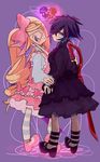  black_dress black_hair blonde_hair blue_hair bow dress drill_hair expressionless eyepatch hair_bow harime_nui heart highres holding_hands kill_la_kill lolita_fashion long_hair matoi_ryuuko multicolored_hair multiple_girls omiso124 pink_bow pink_dress red_hair scissor_blade short_hair smile twin_drills twintails 