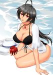  apple arm_support beach bikini black_hair breasts chuunibyou_demo_koi_ga_shitai! cleavage dress_shirt food front-tie_top fruit hat hat_removed headwear_removed jewelry large_breasts long_hair looking_at_viewer open_clothes open_shirt parted_lips pendant red_eyes shiny shiny_skin shirt skindentation swimsuit takanashi_touka toushirou_(hiironosisi) 