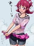  aida_mana bike_shorts blue_background blush dokidoki!_precure highres looking_at_viewer navel open_mouth pink_eyes pink_hair precure see-through shimazu_tekkou short_hair sketch skirt smile solo wet wet_clothes 