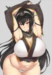  armpits arms_up artist_name belly black_hair bow bow_panties breasts cleavage covered_nipples curvy fingerless_gloves gloves grey_background huge_breasts kantai_collection long_hair looking_at_viewer md5_mismatch nagato_(kantai_collection) navel panties plump puffy_nipples red_eyes simple_background skindentation solo sweat thigh_gap underwear very_long_hair white_panties wide_hips zonda_(solid_air) 