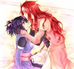  1girl bad_id bad_pixiv_id black_hair brown_eyes closed_eyes coat couple forehead_kiss fujibayashi_shiina gloves headband hetero kiss long_hair lowres pants ponytail red_hair short_hair tales_of_(series) tales_of_symphonia yuuna_minato zelos_wilder 