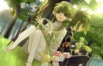  cheek_pull creature flower forest gloves green green_eyes green_hair hair_tubes hairband hoshi_ataru ion male_focus mieu multiple_boys nature pantyhose short_hair_with_long_locks sidelocks sitting smile sync tales_of_(series) tales_of_the_abyss tree white_legwear 