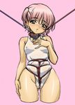  1girl artist_request bdsm blush bondage bound character_request collar cropped_legs gluteal_fold green_eyes leash one-piece_swimsuit pink_background pink_hair rope short_hair simple_background source_request swimsuit 