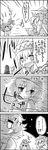  4koma cirno comic empty_eyes greyscale hat highres ice letty_whiterock lily_white monochrome multiple_girls open_mouth pointing scarf shoujo_kitou-chuu tani_takeshi touhou translated wings yukkuri_shiteitte_ne 