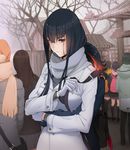  aconitea bad_id bad_pixiv_id bag black_hair blush casual coat day gloves height_difference hiding highres hug hug_from_behind kill_la_kill kiryuuin_satsuki light_smile long_hair matoi_ryuuko multicolored_hair multiple_girls outdoors red_hair scarf short_hair standing tree two-tone_hair white_gloves winter_clothes 