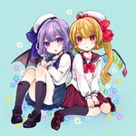  alternate_costume bad_id bad_pixiv_id bat_wings black_legwear blonde_hair blush child flandre_scarlet hat long_hair mary_janes multiple_girls purple_eyes purple_hair red_eyes remilia_scarlet sanada_nako school_uniform serafuku shoes short_hair side_ponytail touhou wings 