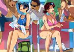  2girls 5boys beach bikini blue_hair blush body_writing bottle breasts brown_hair choker cirima cleavage glasses harukaze_haruka milf multiple_boys multiple_girls ojamajo_doremi okamura_atsuko one-piece_swimsuit pink_bikini purple_eyes purple_hair short_hair side-tie_bikini sitting sunglasses sunglasses_on_head sweat swimsuit thighs visor_cap volvox water 