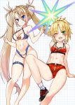  2girls :d ass_visible_through_thighs bikini blonde_hair blue_bikini blue_eyes blush bradamante_(fate/grand_order) breasts cameltoe cleavage eyebrows_visible_through_hair fate/grand_order fate_(series) fishnet_top green_eyes grid_background highres jin_young-in large_breasts long_hair looking_at_viewer mordred_(fate) mordred_(fate)_(all) multiple_girls navel one_eye_closed open_mouth red_bikini shoes short_hair short_ponytail sitting small_breasts smile sneakers socks standing sweatdrop swimsuit thigh_strap twintails two-tone_bikini very_long_hair white_bikini white_legwear 
