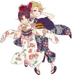  blonde_hair bowl brown_hair camellia chopsticks dio_brando eating floral_print flower food full_body genderswap genderswap_(mtf) green_eyes hair_flower hair_ornament hair_up hand_up holding japanese_clothes jojo_no_kimyou_na_bouken jonathan_joestar kimono looking_at_another mochi multiple_girls obi red_eyes sandals sash simple_background smile sweatdrop tabi tenya_mizuki wagashi white_background 