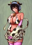  animal_ears animal_print arm_warmers asa_k bare_shoulders bell bell_collar belt bikini_top black_hair breasts brown_eyes cleavage collar cow_ears cow_horns cow_print cow_tail elbow_gloves fake_animal_ears fake_horns frilled_skirt frills gloves headphones headset horns huge_breasts idolmaster idolmaster_cinderella_girls midriff oikawa_shizuku pink_gloves pink_legwear short_hair skirt solo tail tail_raised thighhighs 